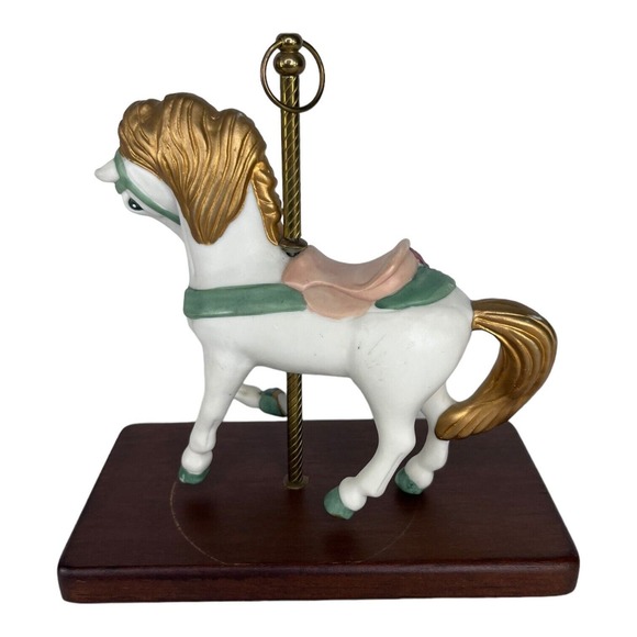 Paul Sebastian Ceramic White Carousel Horse Flowers Golden Mane & Tail Wood Base - Picture 6 of 10